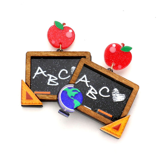 Glittered Resin Apple ABC Heart Message Chalkboard Link Dangle Earrings