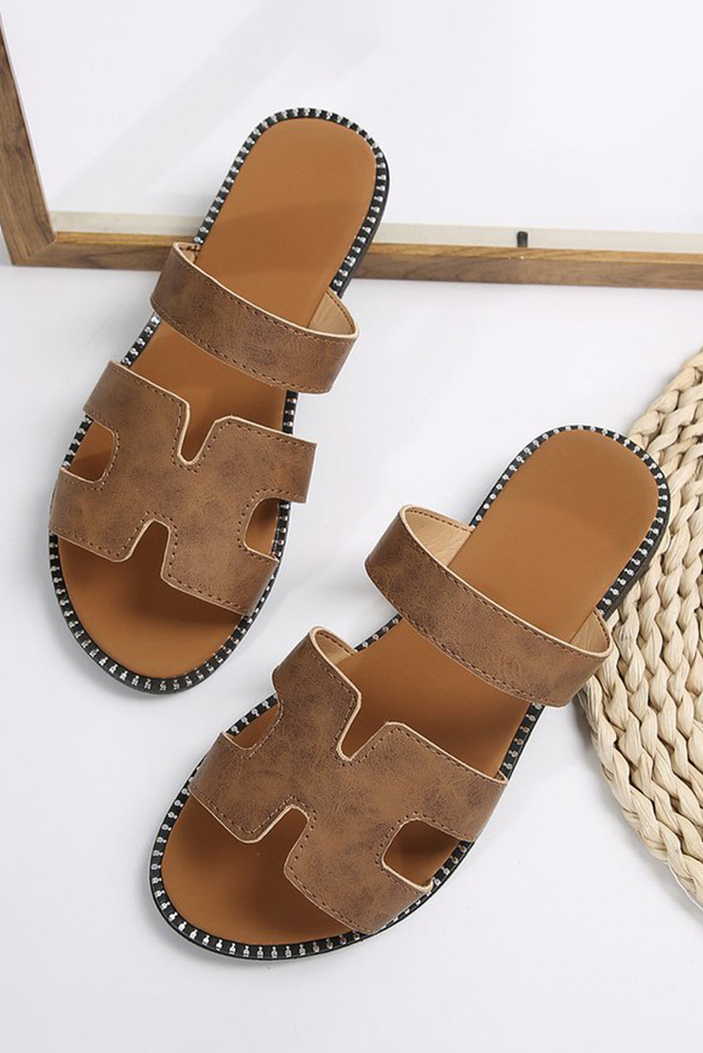 Brown Leather H Band Flat Slides Shoes