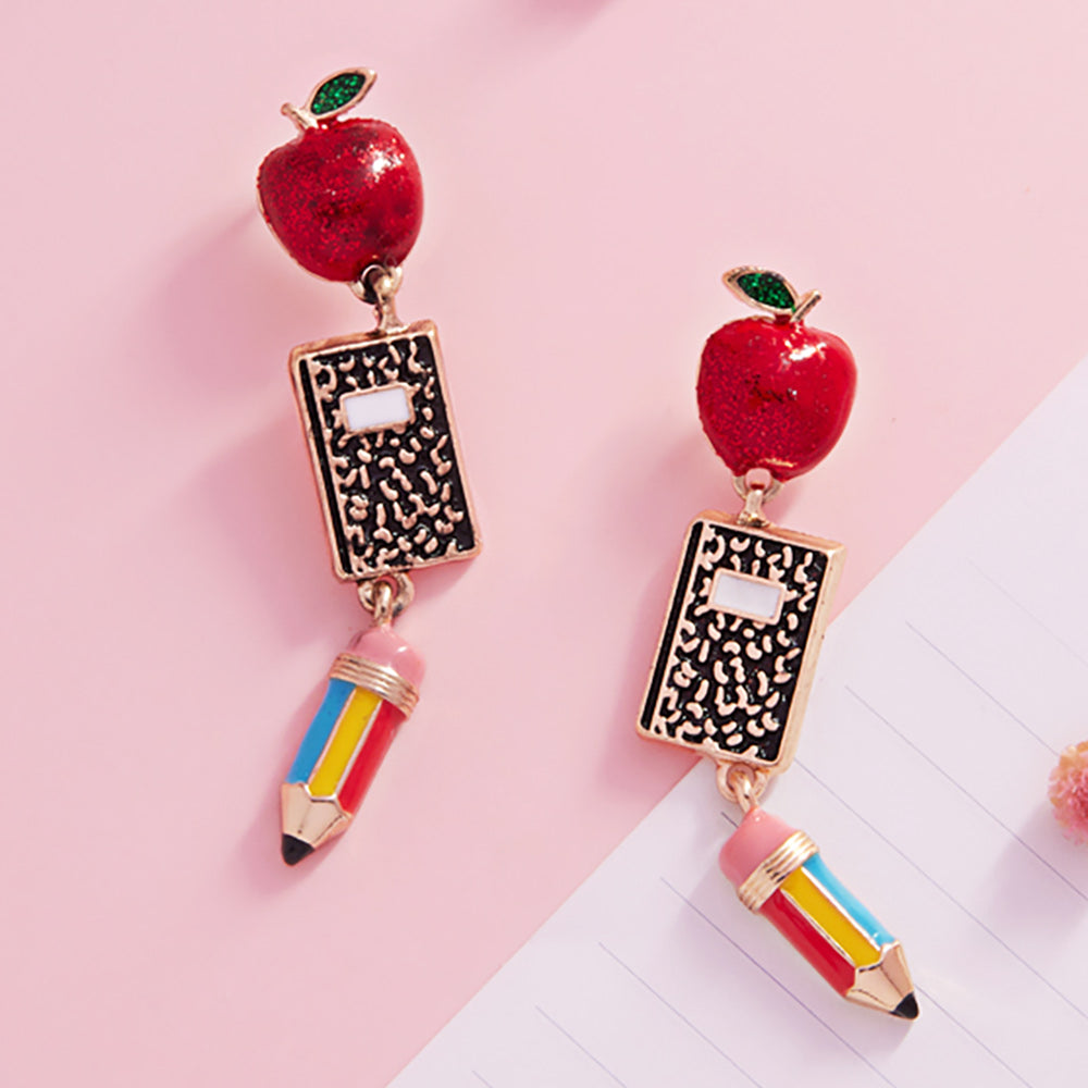 Enamel Apple Notebook Pencil Link Dropdown Earrings